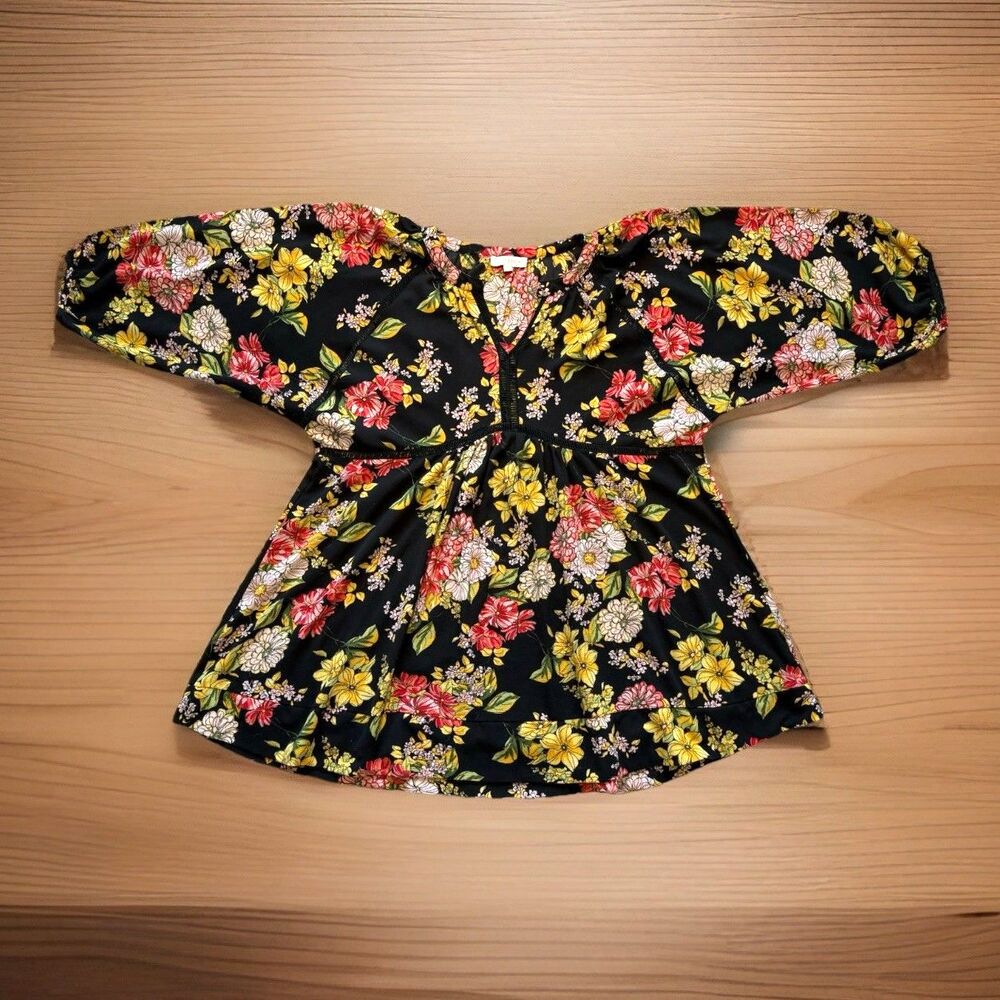 Umgee Womens Floral Babydoll Tunic Size 2XL/XXL Crochet Lace Bell Sleeve Boho